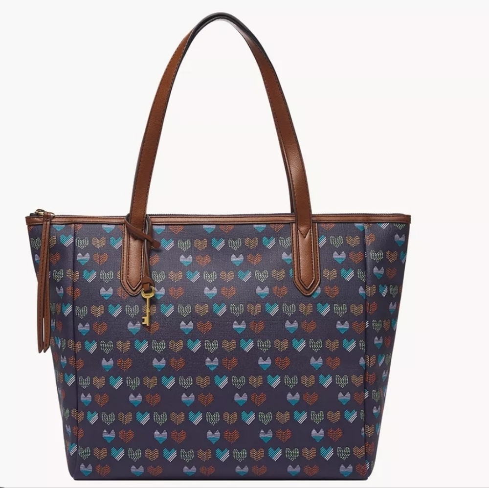 Fossil Brown and Blue Heart Pattern Tote Bag